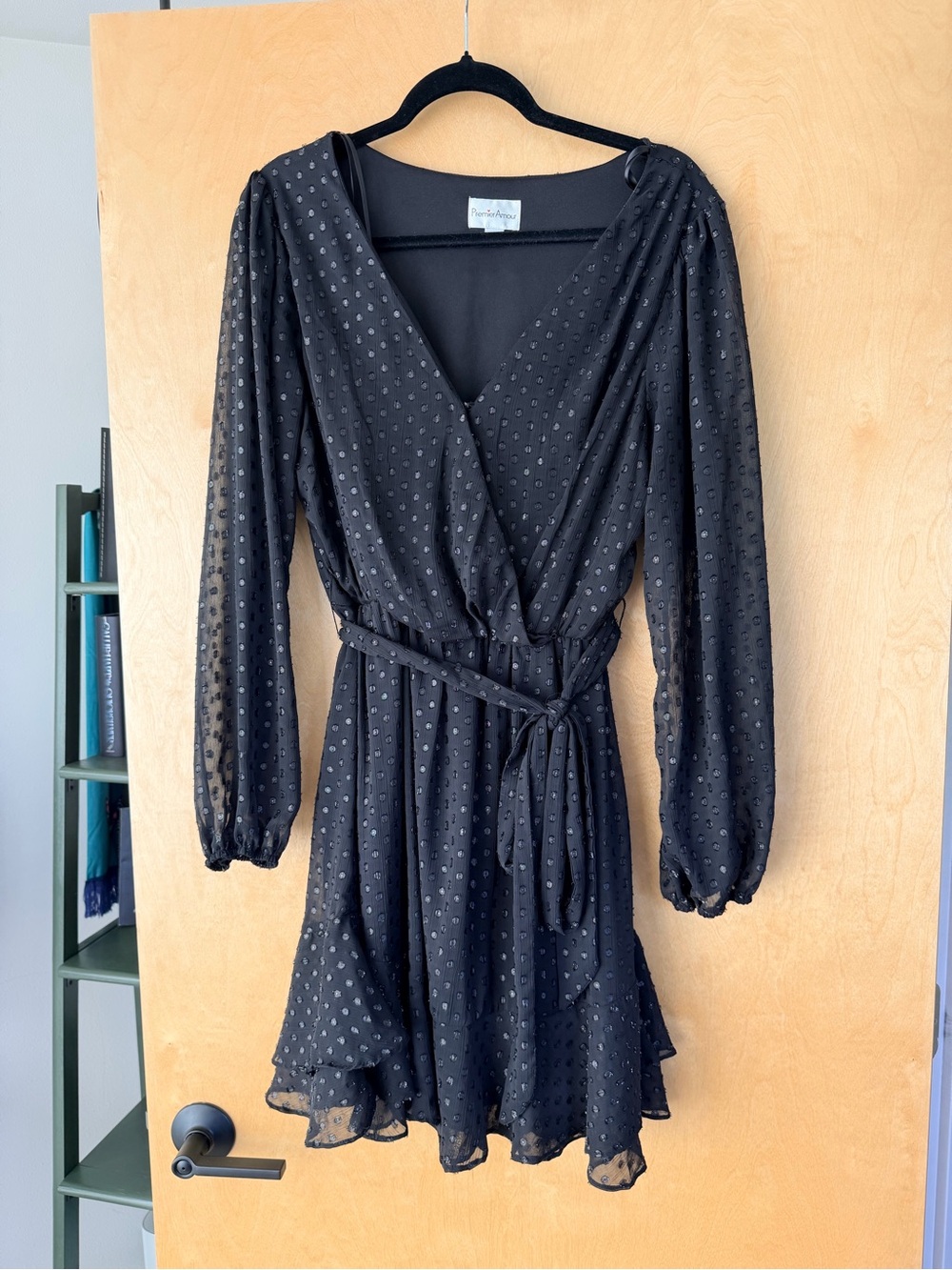 Textured Black Long-Sleeve Wrap Dress with Self-Tie Belt